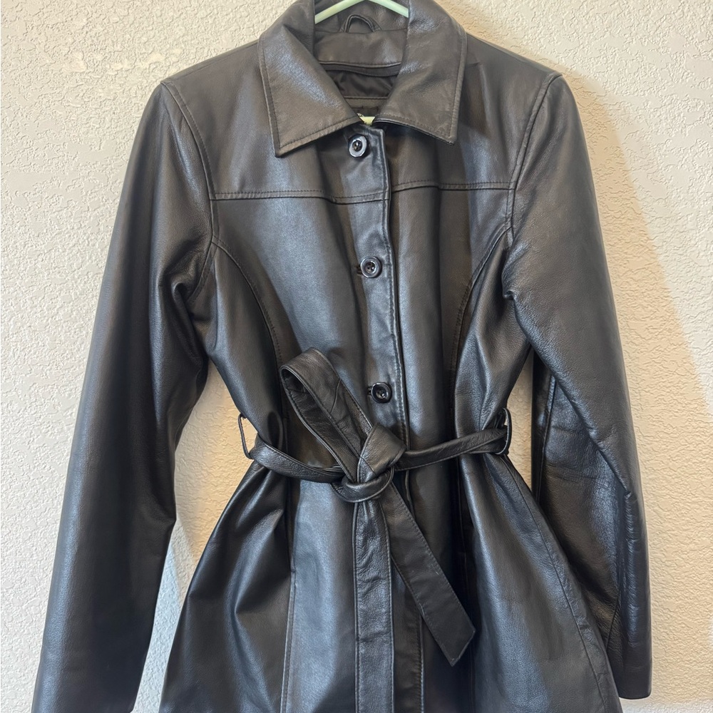 Women's Black Leather Belted Jacket